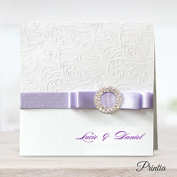 Wedding Invitations with heart buckle and purple ribbon bow